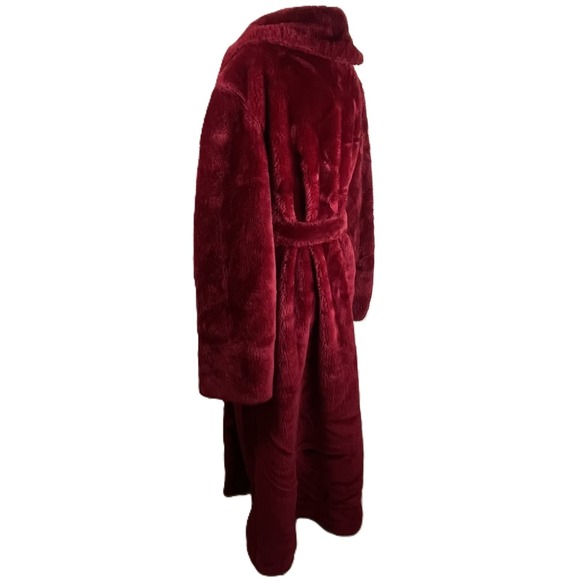 VTG Borg Fabric M Burgundy Faux Fur Robe Made in USA Plush Belted Long Lounge - Picture 4 of 14